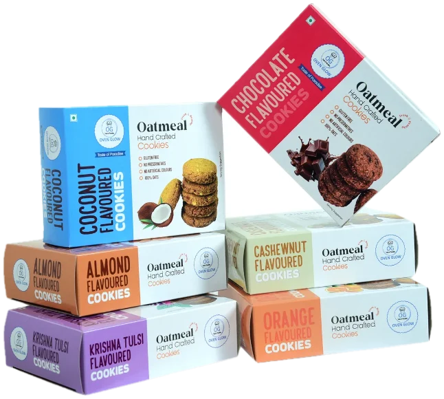 All six Oven Glow oatmeal cookie cartons stacked together